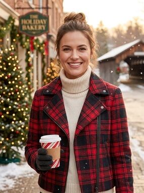 Gap Moto Jacket Womens Medium Red Plaid Wool Blend Lined Winter Asymmetric Zip